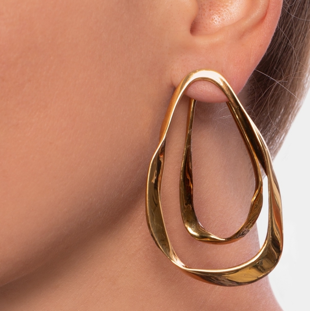 Gold hoop Hammered plated thick double layer boho big earrings - Picture 5 of 17